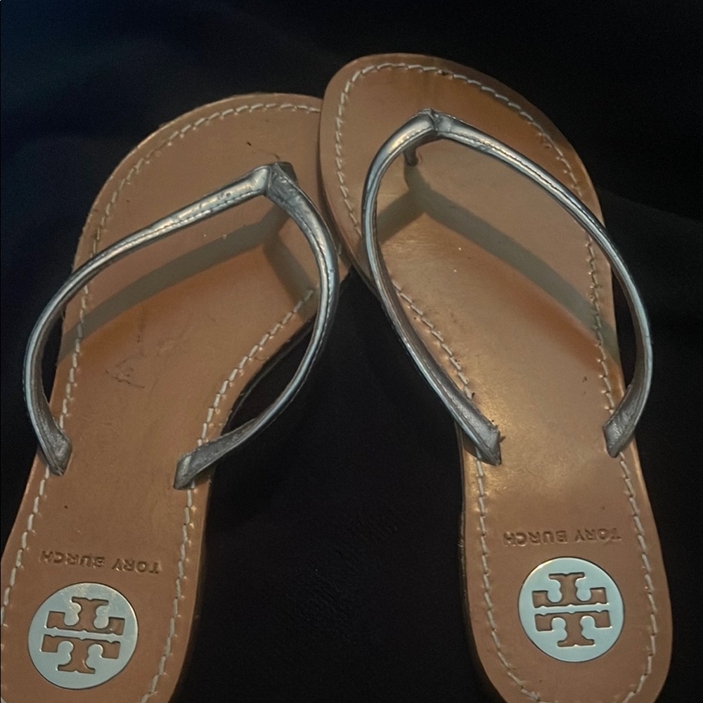Tory Burch Silver and Tan Women's Sandals